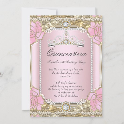 Princess Quinceanera Pink Gold Diamond Tiara Einladung (Vorderseite)