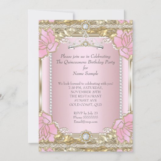 Princess Quinceanera Pink Gold Diamond Tiara Einladung (Rückseite)