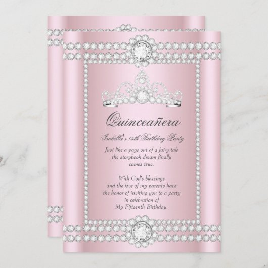 Princess Quinceanera Pink Silver Diamond Tiara Einladung (Vorne/Hinten)
