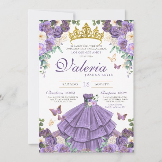Princess Quinceanera, Prinzessin für Lila Blumensc Einladung (Vorderseite)