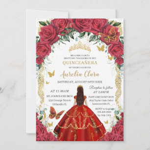 Princess Quinceañera Rote Rosen Bloral Vintag Gold Einladung