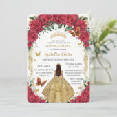 Princess Quinceañera Rote Rosen Blumengoldkleid Einladung (Stehend Vorderseite)