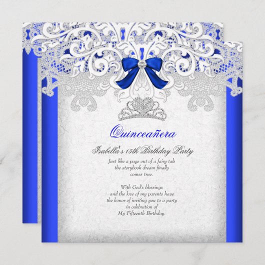 Princess Quinceanera Royal Blue 15. Geburtstag 2 Einladung (Vorne/Hinten)