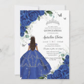 Princess Quinceañera Royal Blue Rose Silver Dress Einladung (Vorderseite)