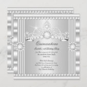 Princess Quinceanera Tiara Silver White Satin Einladung (Vorne/Hinten)