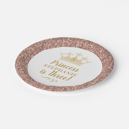 Princess Rose Gold Pink Glitzer Crown Birthday Pappteller (Schrägansicht)