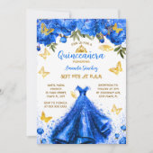 Princess Royal Blue Quinceanera Floral Butterfly Einladung (Vorderseite)