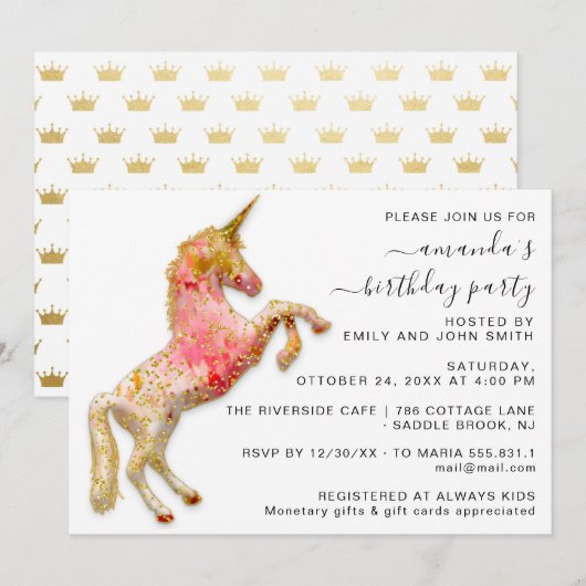 Princess Royal Crown Gold Glitzer Rosa Einhorn Einladung (Vorne/Hinten)