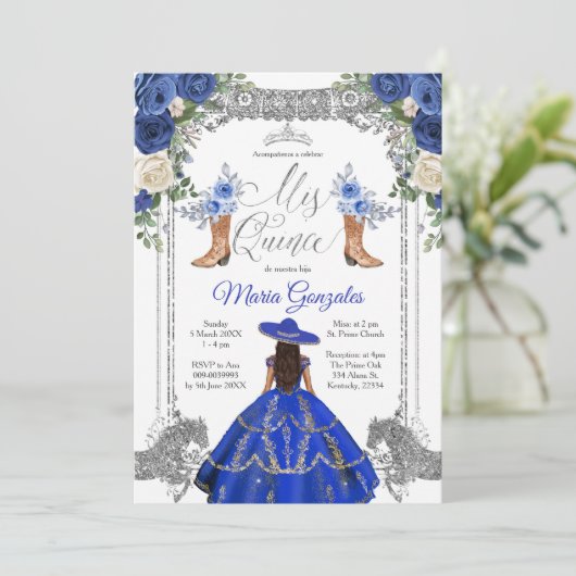 Princess Silver Navy Boots Charra Mis Quince 2 Einladung (Stehend Vorderseite)