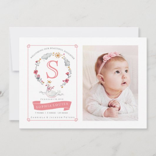 Princess Swan Blume Wreath Birth Ankündigung (Vorderseite)