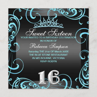 Princess Sweet 16 Blue & Black Birthday Einladung