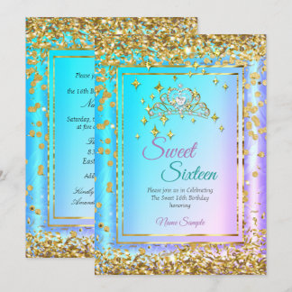 Princess Sweet 16 Gold Aquamarines Lila Party Einladung