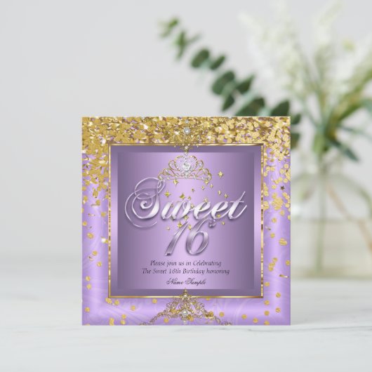 Princess Sweet 16 Gold Lavender Lila Party 2 Einladung (Stehend Vorderseite)