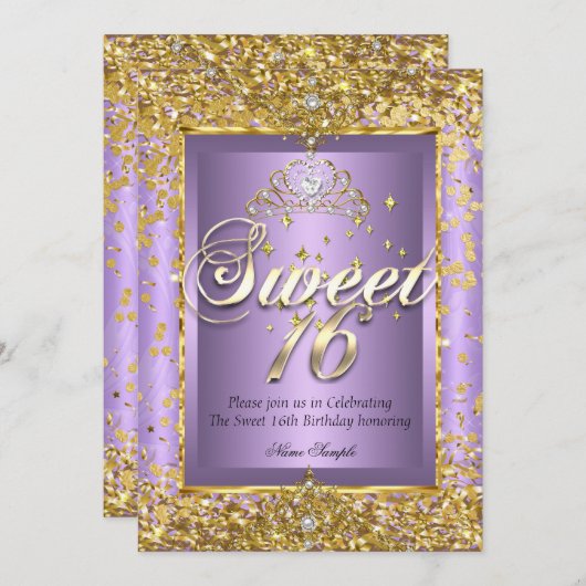 Princess Sweet 16 Gold Lavender Lila Party Einladung (Vorne/Hinten)