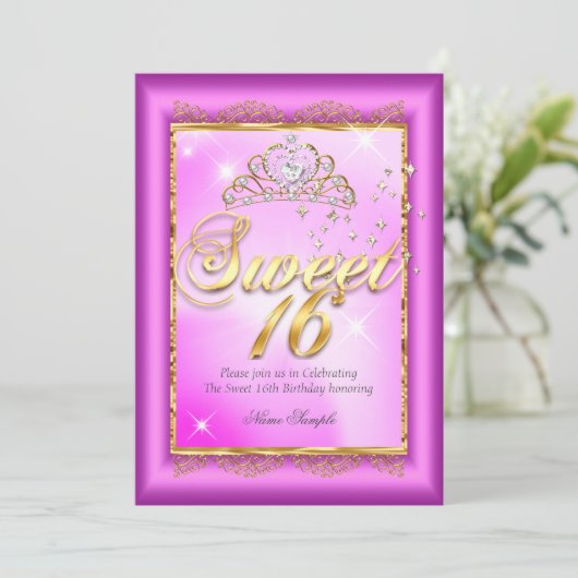 Princess Sweet 16 Hot Pink Magenta Gold Party Einladung (Stehend Vorderseite)