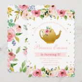 Princess Tee Party Birthday Floral Glitzer Einladung (Vorne/Hinten)