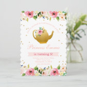 Princess Tee Party Birthday Floral Glitzer Einladung (Stehend Vorderseite)