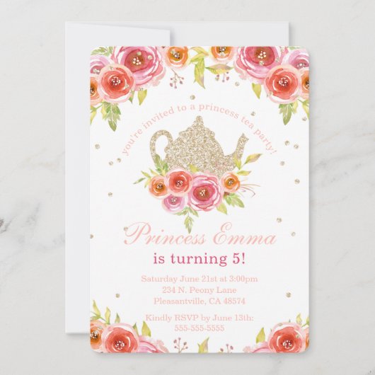 Princess Tee Party Birthday Floral Glitzer Einladung (Vorderseite)