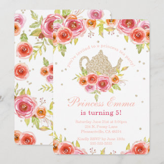 Princess Tee Party Birthday Floral Glitzer Einladung