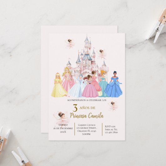 Princess Third Birthday Invitation at Her Castle Einladung (Vorderseite/Rückseite Beispiel)