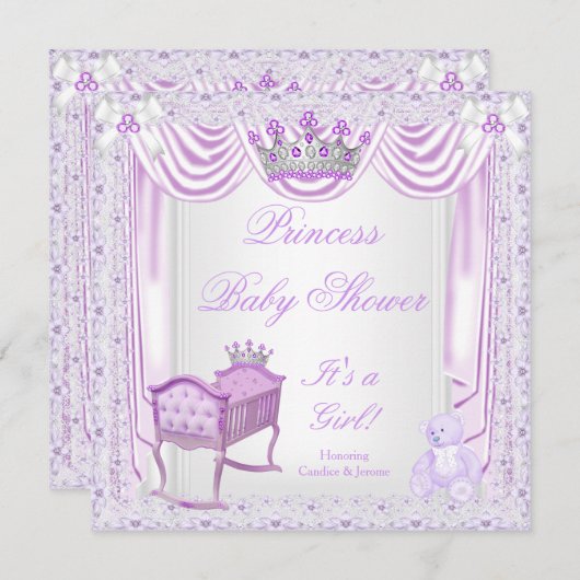 Princess Tiara Baby Dusche Lilac Cradle Satin Spit Einladung (Vorne/Hinten)