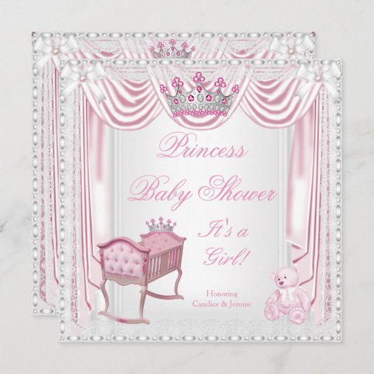Princess Tiara Baby Dusche Pink Cradle Satin Spitz Einladung (Vorne/Hinten)