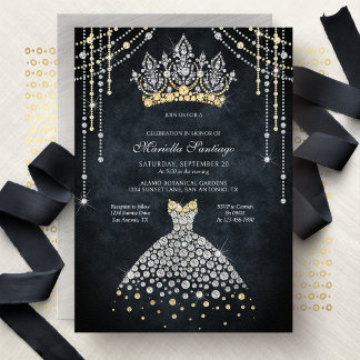 Princess Tiara Crown Dress Quinceanera Invitation Einladung