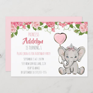 Princess Tiara Elephant Pink Floral 1. Geburtstag Einladung