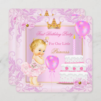 Princess Tiara Girl Pink Blonde zum ersten Geburts Einladung