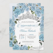 Princess Tiara Light Blue Rose V2 Quinceanera Einladung (Vorne/Hinten)