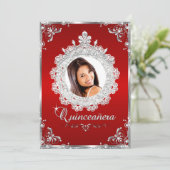 Princess Tiara Red Silver Sparkle Quinceanera Einladung (Stehend Vorderseite)