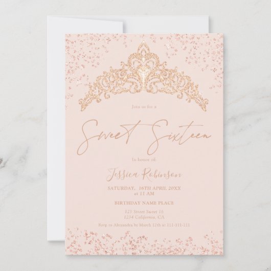Princess Tiara Rose Gold Glitzer Foto Sweet 16 Einladung (Vorderseite)