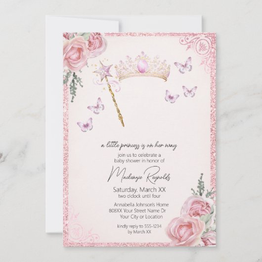 Princess Tiara & Wand Pink Glitzer Babydusche Einladung (Vorderseite)