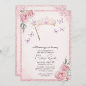 Princess Tiara & Wand Pink Glitzer Babydusche Einladung (Vorne/Hinten)