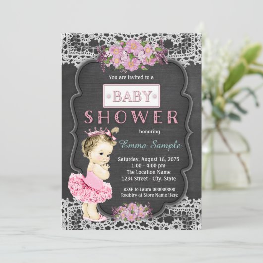 Princess Tutu Chalkboard Baby Girl Dusche Einladung (Stehend Vorderseite)