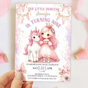 Princess Unicorn 9. Geburtstag Girl Pink Einladung