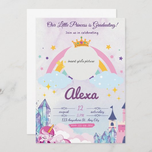 Princess Unicorn Abschluss Einladung für Mädchen (Vorne/Hinten)