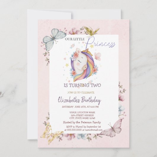 Princess Unicorn Butterflies Pink Birthday Einladung (Vorderseite)