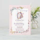 Princess Unicorn Butterflies Pink Birthday Einladung (Stehend Vorderseite)