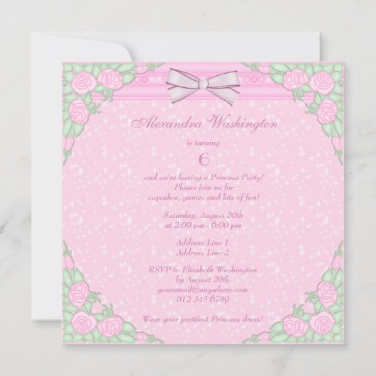 Princess, Unicorn & Castle Pink Princess Party Einladung (Rückseite)