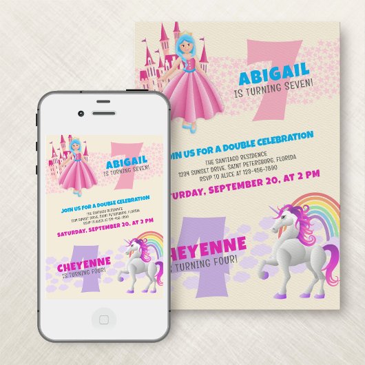 Princess Unicorn Joint Double Birthday Einladung
