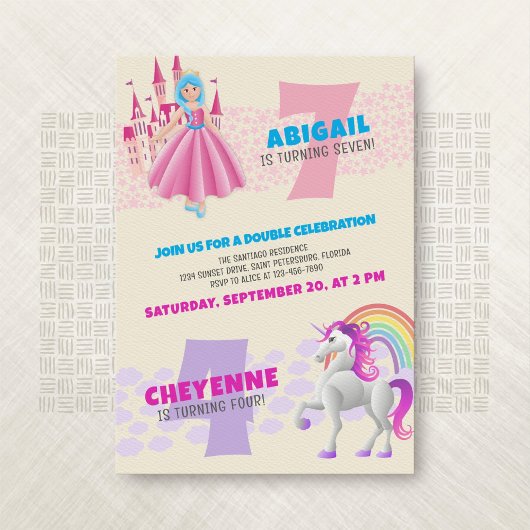 Princess Unicorn Joint Double Birthday Einladung