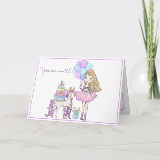 Princess Unicorn Moderne Giro Watercolor Einladung (Vorderseite)