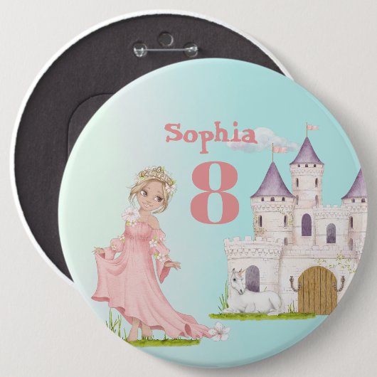 Princess Unicorn Pink Blue Castle Niedliche Geburt Button (Vorne & Hinten)