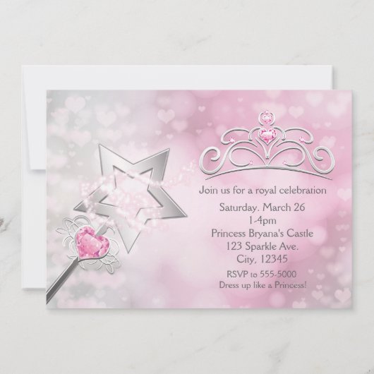 Princess Wand & Crown Silver Pink Party Einladung (Rückseite)