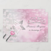 Princess Wand & Crown Silver Pink Party Einladung (Vorne/Hinten)