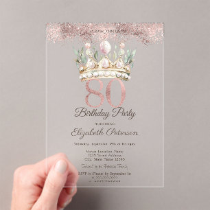 Princess Watercor Crown Floral 80. Geburtstag Acryleinladungen