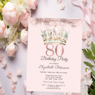 Princess Watercor Crown Floral 80. Geburtstag Einladung