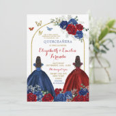 Princesses Quinceañera, Twin Navy Blue Rote Rose Einladung (Stehend Vorderseite)