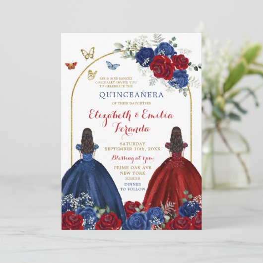 Princesses Quinceañera, Twin Navy Blue Rote Rose Einladung (Stehend Vorderseite)